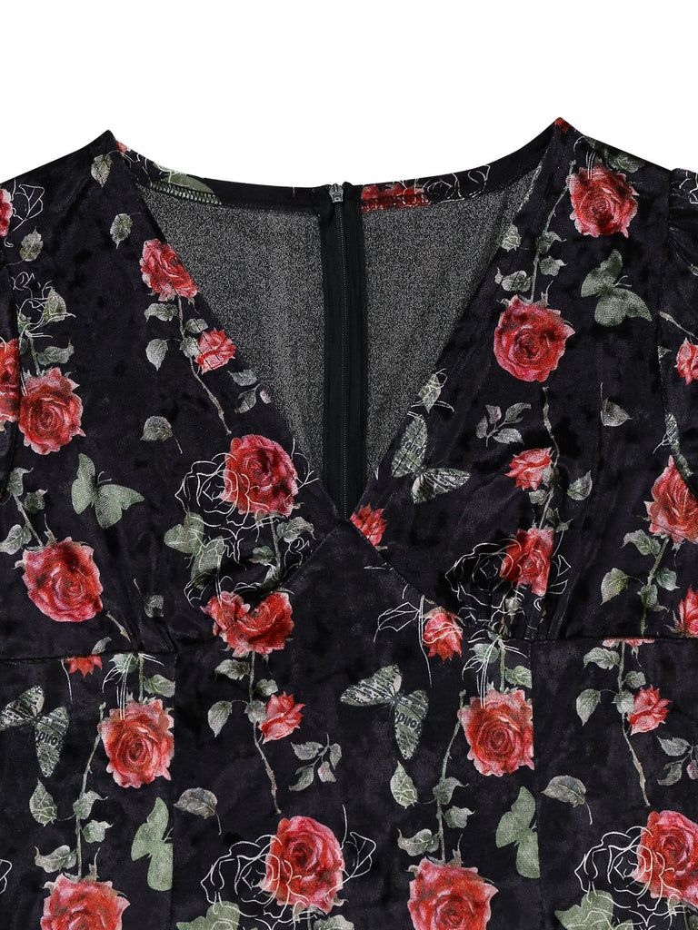 [Pré-vente] Robe en velours noire à col en V et roses années 1930