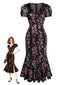 [Pré-vente] Robe en velours noire à col en V et roses années 1930