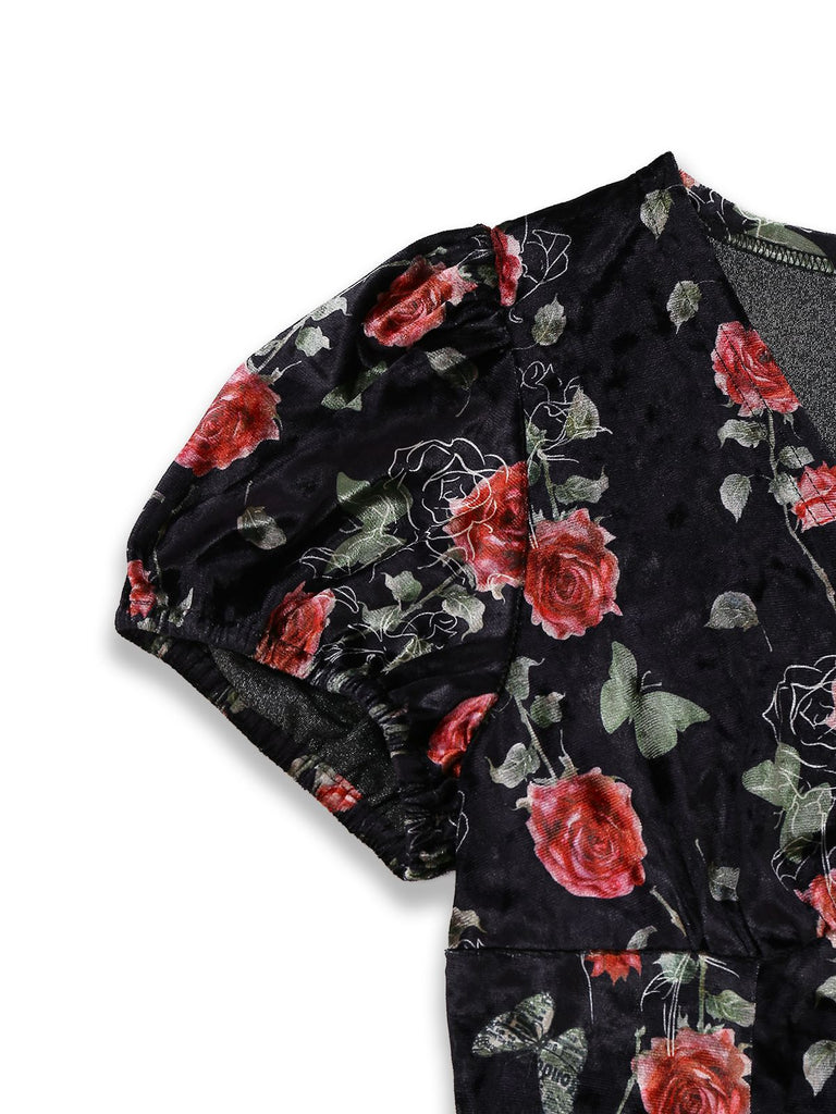 [Pré-vente] Robe en velours noire à col en V et roses années 1930