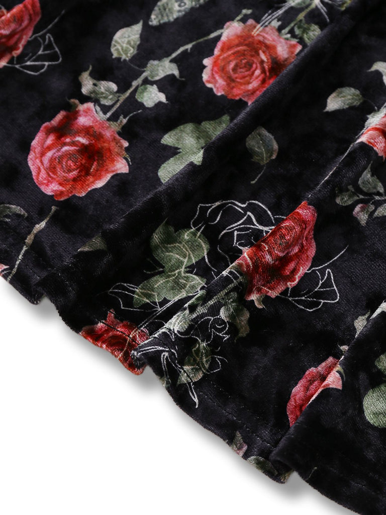 [Pré-vente] Robe en velours noire à col en V et roses années 1930