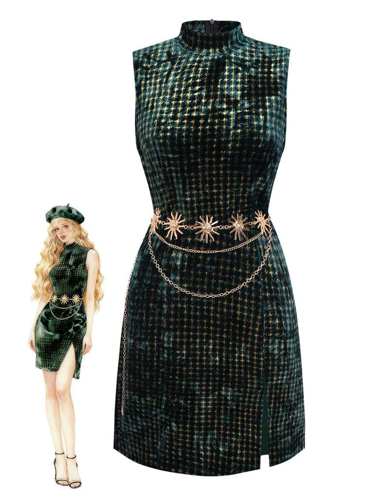[Pré-vente] Robe verte en velours à pied-de-poule et paillettes années 1960
