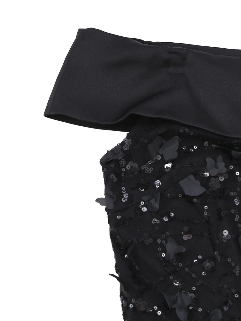 [Prévente] Robe midi noire à sequins roses en dentelle années 1970