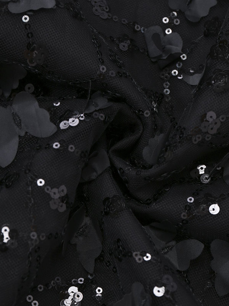 [Prévente] Robe midi noire à sequins roses en dentelle années 1970