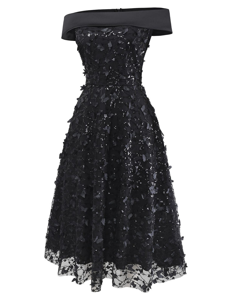 [Prévente] Robe midi noire à sequins roses en dentelle années 1970