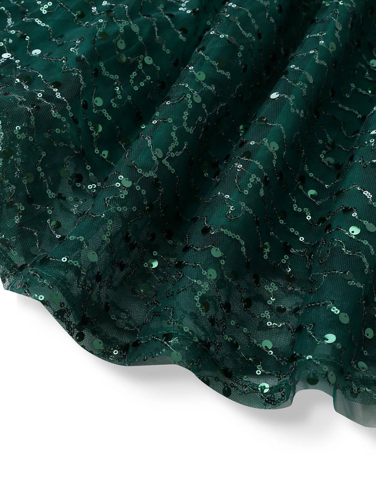 Robe verte en maille à paillette torsadés des années 1930
