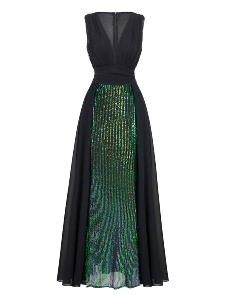 Robe verte en tulle à sequins décolleté col en V profond années 1930