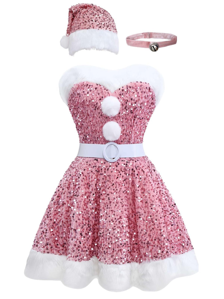 Robe bustier rose à paillettes et fourrure des années 60