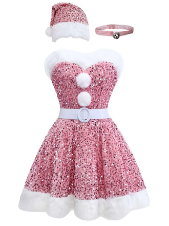 Robe bustier rose à paillettes et fourrure des années 60