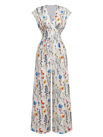 Combinaison beige à fleurs à manches courtes et col en V années 1950