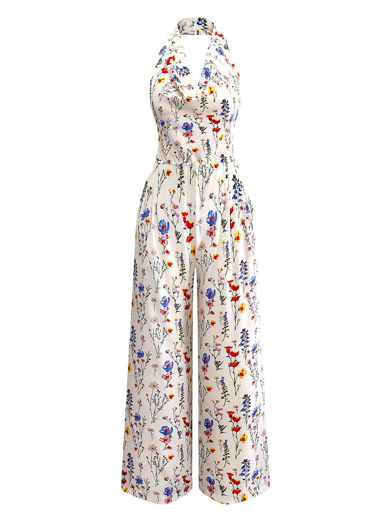 Combinaison à col licou fleurie beige années 1950