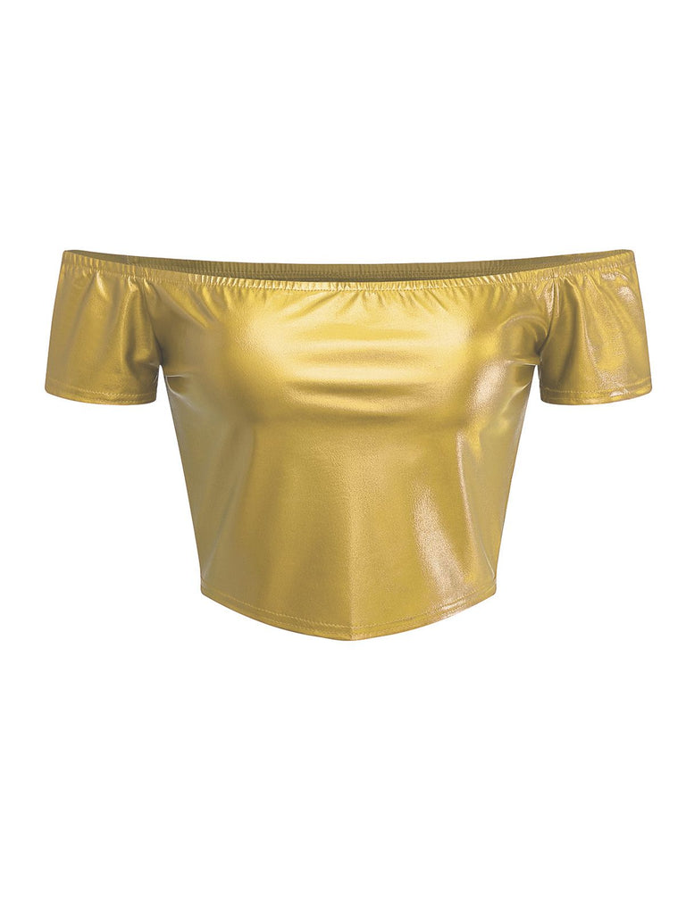 2PCS Haut disco métallisé à épaules dénudées et jupe plissée années 70