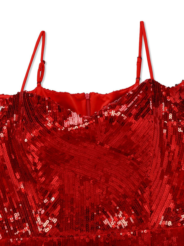 [Prévente] Robe crayon rouge à sequins et épaules dénudée années 1960