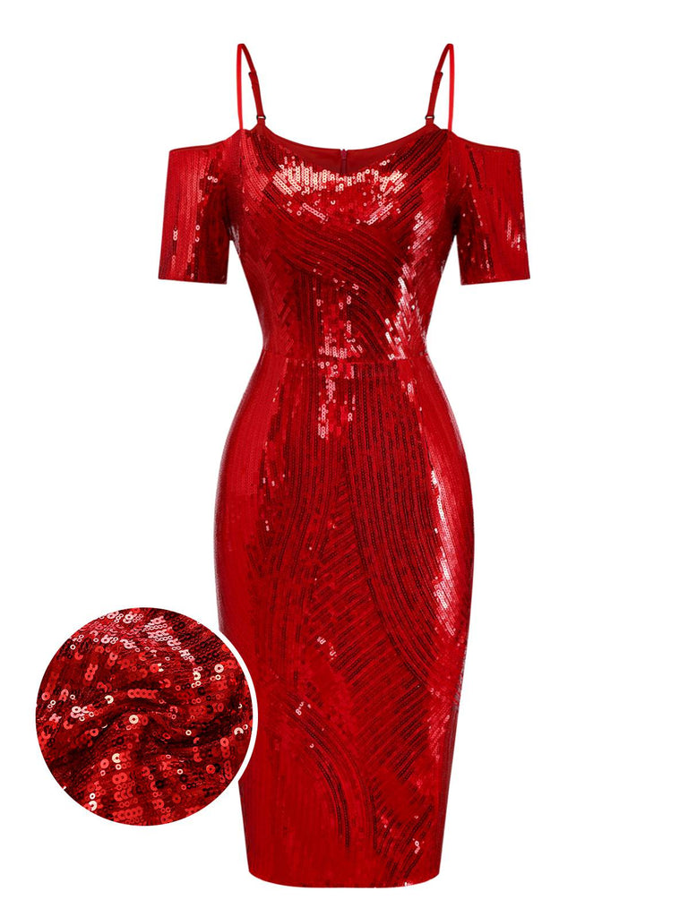 [Prévente] Robe crayon rouge à sequins et épaules dénudée années 1960