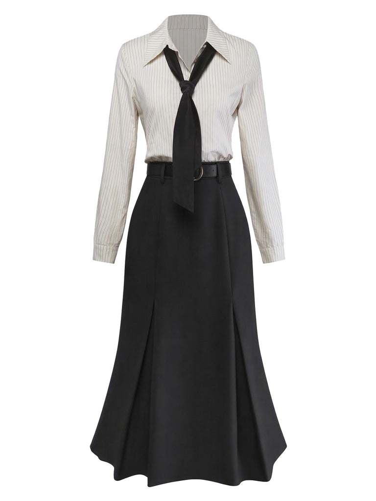 [Prévente] Robe noir rayé patchwork plissée col revers et cravate années 1930