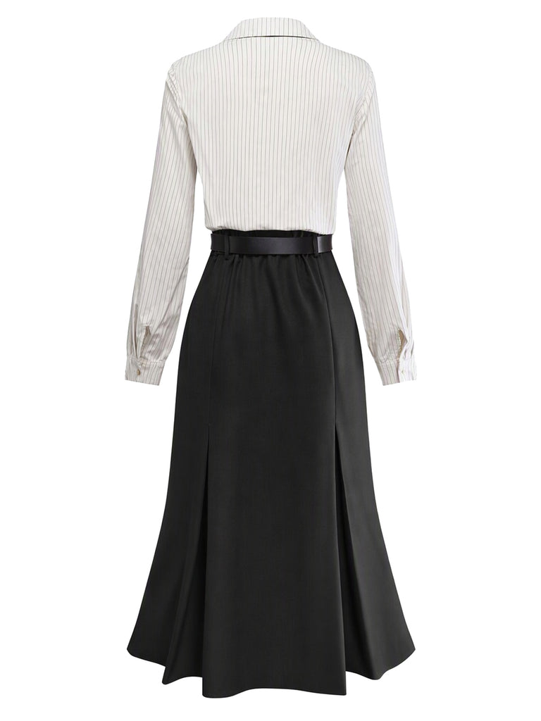 [Prévente] Robe noir rayé patchwork plissée col revers et cravate années 1930