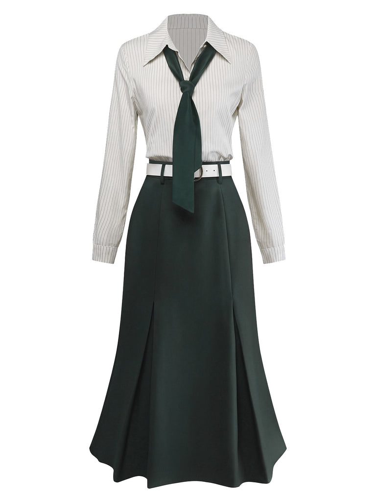 [Prévente] Robe Vert patchwork plissée col revers et cravate années 1930
