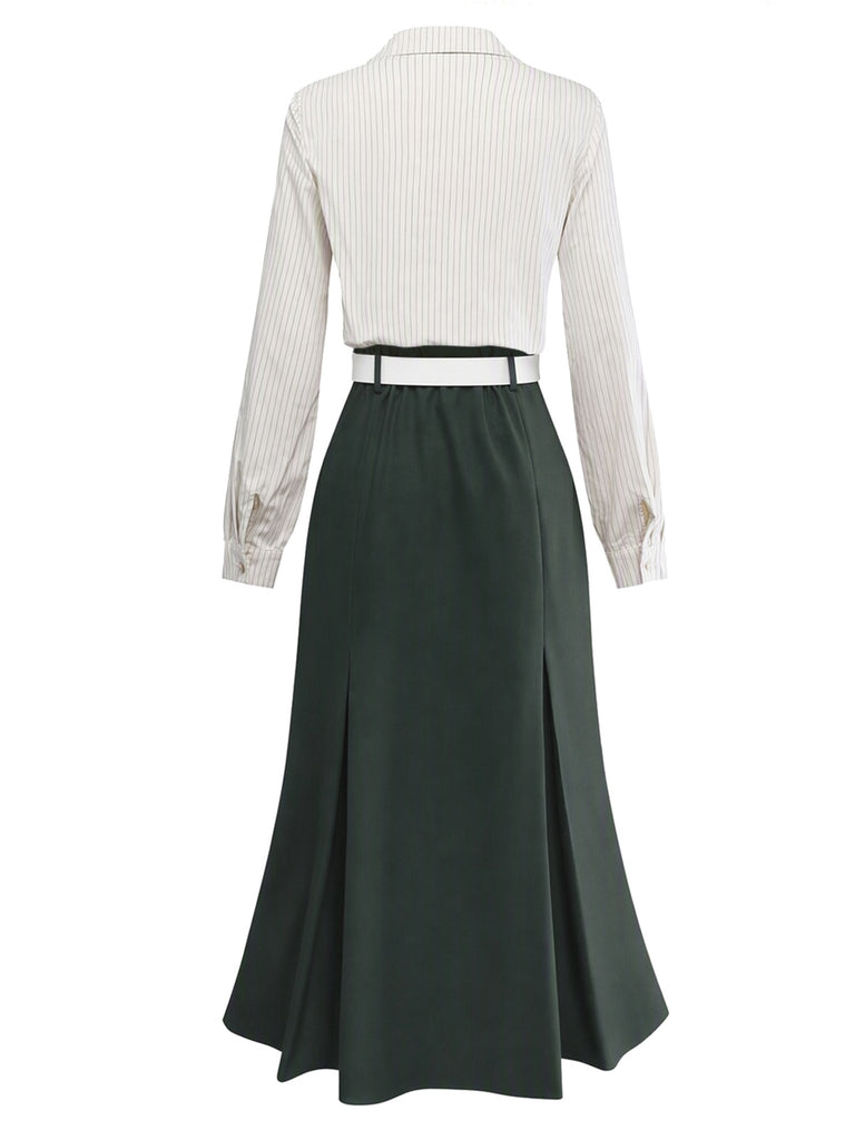 [Prévente] Robe Vert patchwork plissée col revers et cravate années 1930