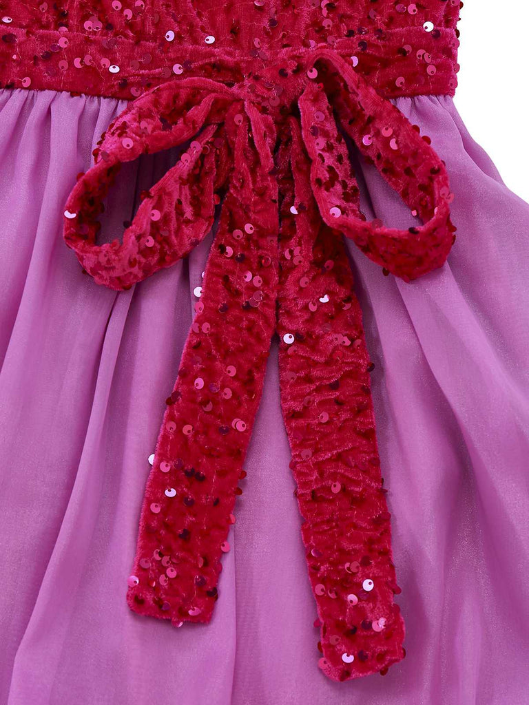 [Prévente] Robe rose à sequins à fines bretelles et nœud années 1950