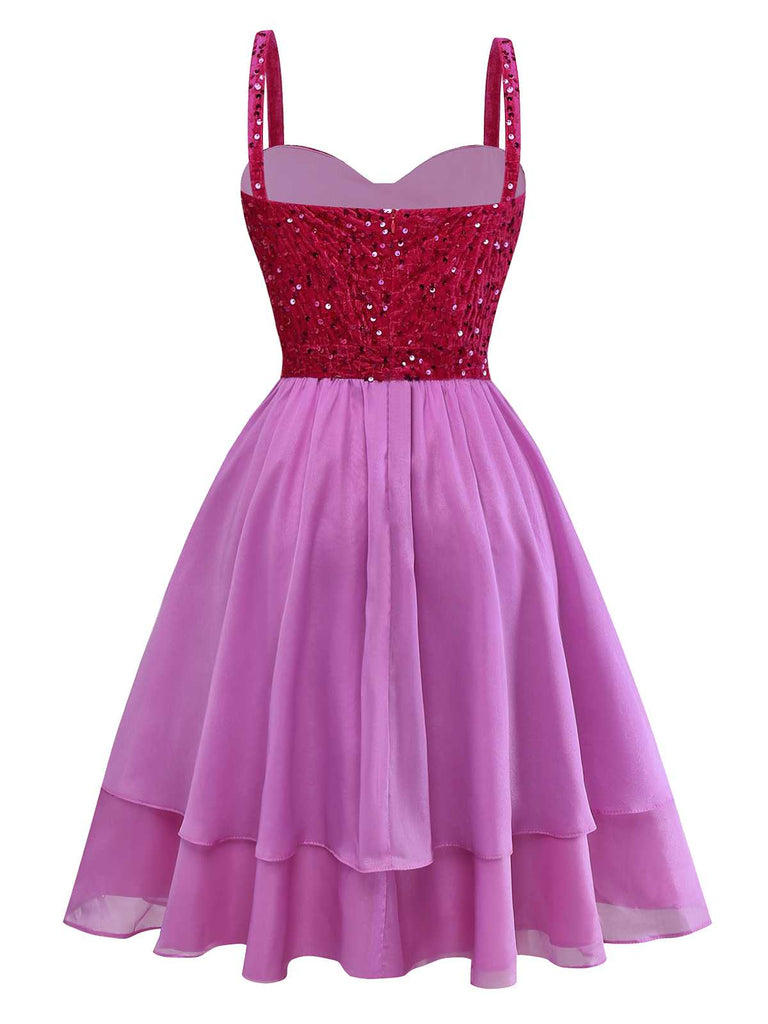 [Prévente] Robe rose à sequins à fines bretelles et nœud années 1950