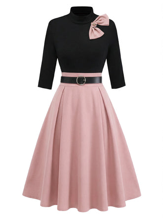 [Prévente] Robe rose et noir avec nœud papillon fleuri années 1950