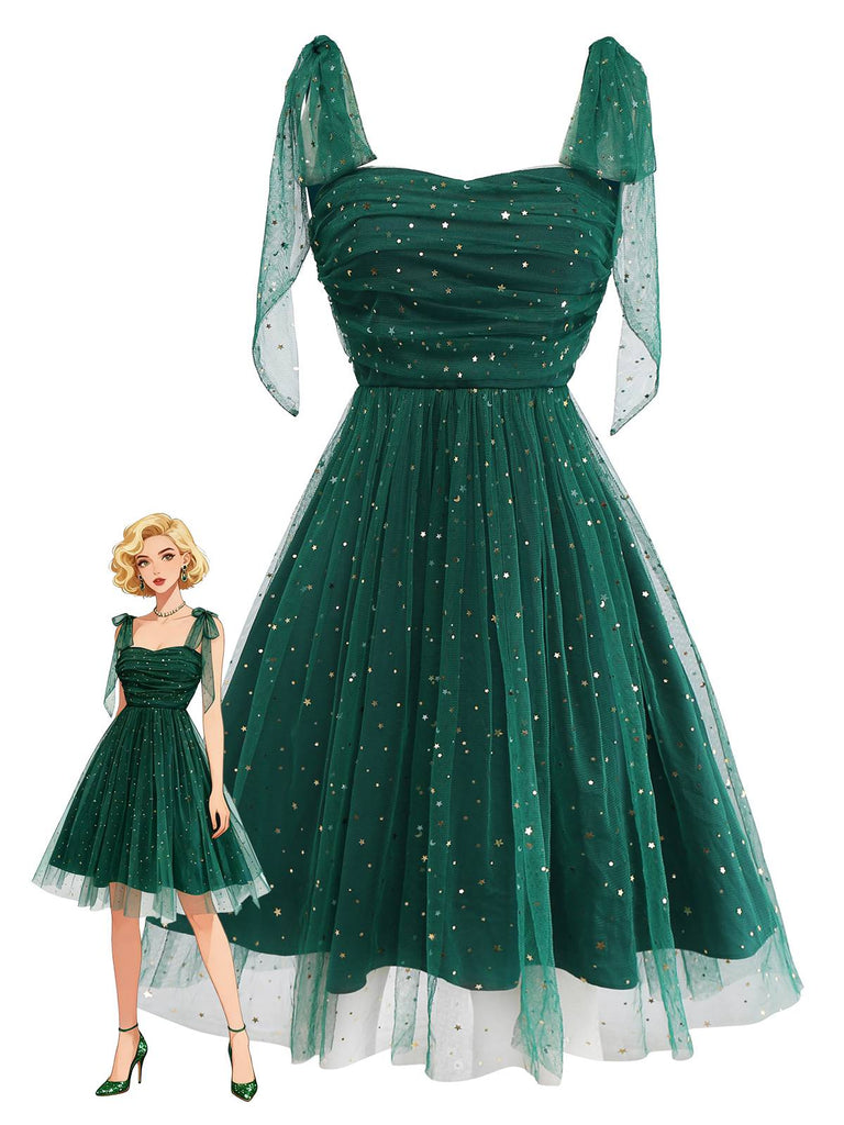 [Pré-vente] Robe verte en maille et paillettes à épaules dénudées et nœud papillon années 1950