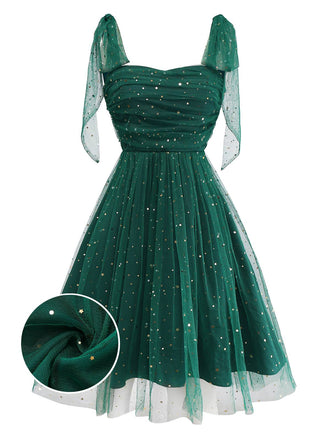 [Pré-vente] Robe verte en maille et paillettes à épaules dénudées et nœud papillon années 1950