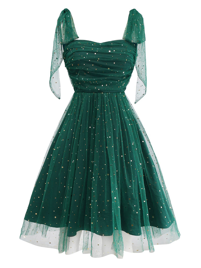 [Pré-vente] Robe verte en maille et paillettes à épaules dénudées et nœud papillon années 1950