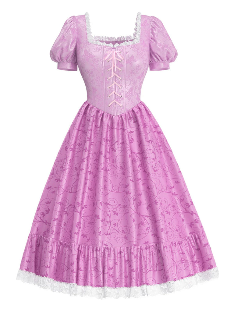 [Prévente] Robe de princesse manches bouffantes fleurs rose des années 1950