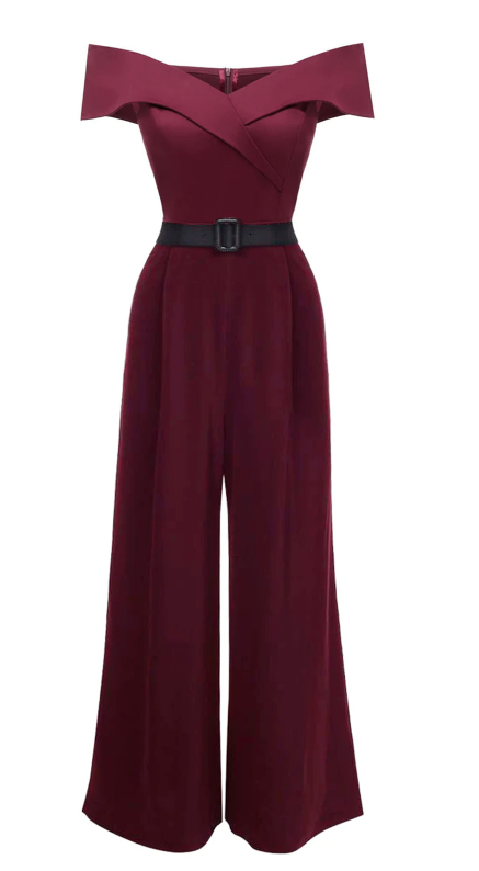 [Prévente] Combinaison large bordeaux épaules dénudées des années 1950 et ceinture