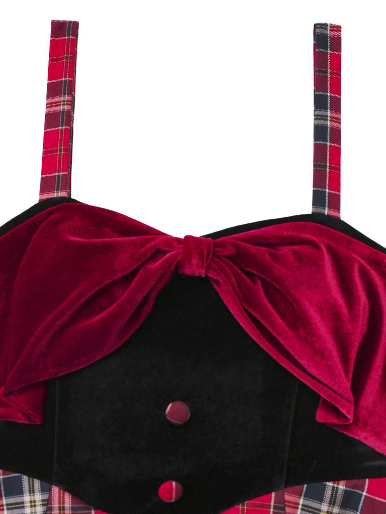 [Prévente] Robe rouge en velours à carreaux avec nœud années 50