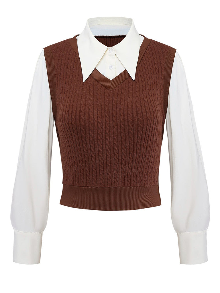 [Prévente] Gilet tricoté marron style faux chemisier 2 pièces années 1940