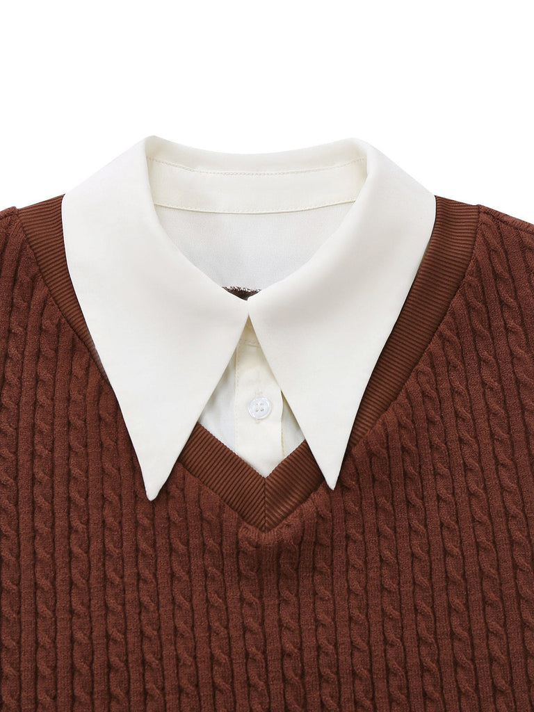 [Prévente] 2PCS marron style blouse et jupe à carreaux tricotées années 40