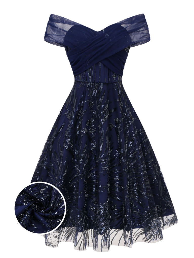 [Pré-vente] Robe bleue à fleurs brodée de paillettes à épaules dénudées années 1950