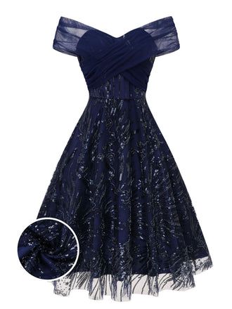 [Pré-vente] Robe bleue à fleurs brodée de paillettes à épaules dénudées années 1950