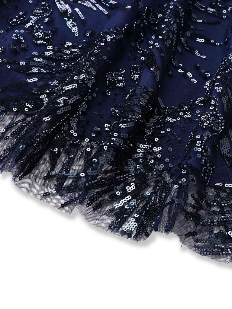 [Pré-vente] Robe bleue à fleurs brodée de paillettes à épaules dénudées années 1950