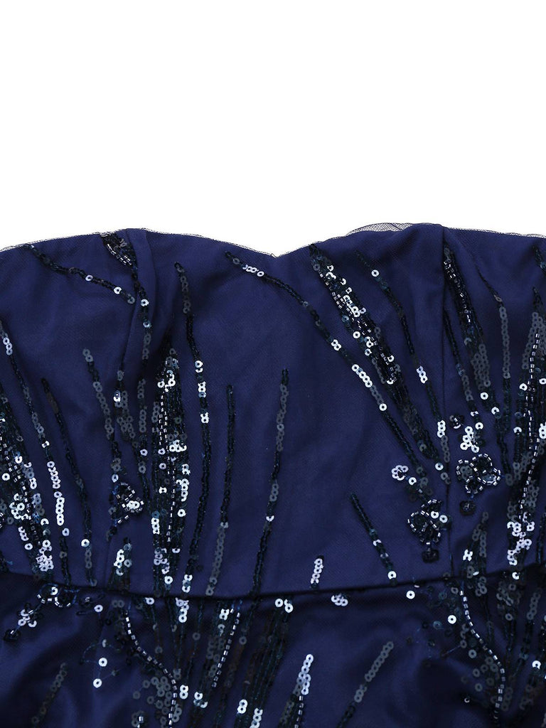 [Pré-vente] Robe bleue à fleurs brodée de paillettes à épaules dénudées années 1950