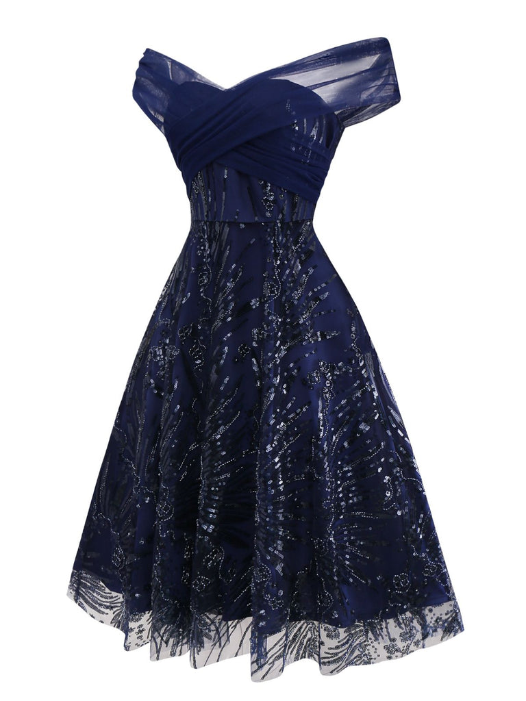 [Pré-vente] Robe bleue à fleurs brodée de paillettes à épaules dénudées années 1950