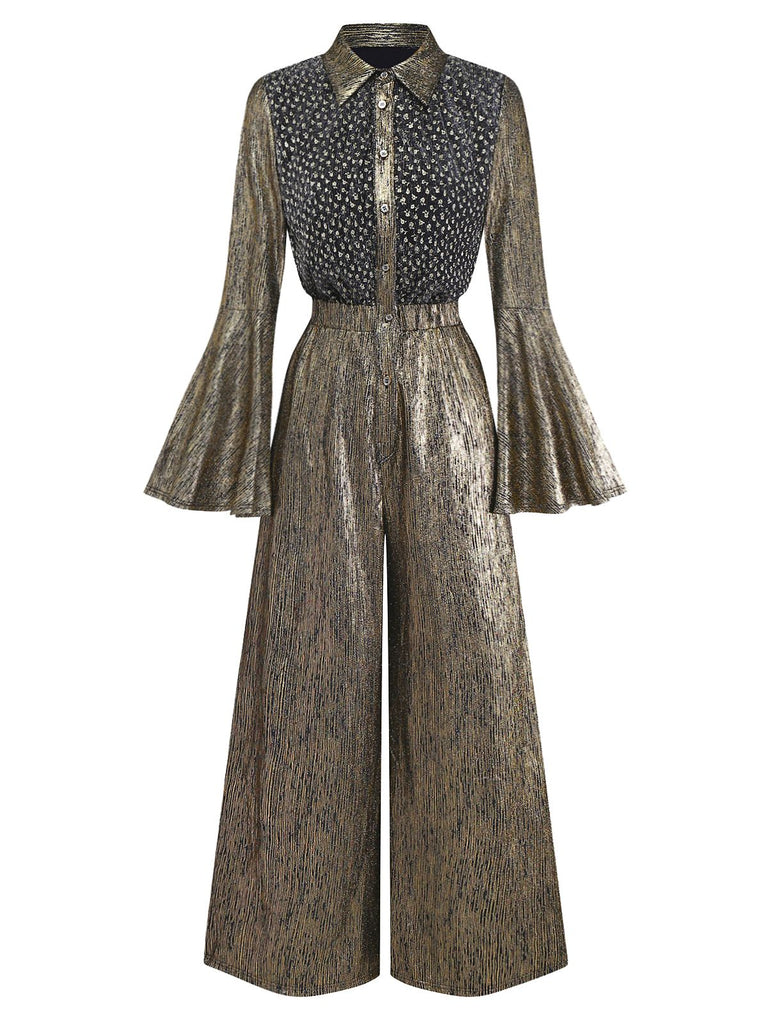 [Prévente] Combinaison col chemise motif petits fleur manches cloche dorée années 80