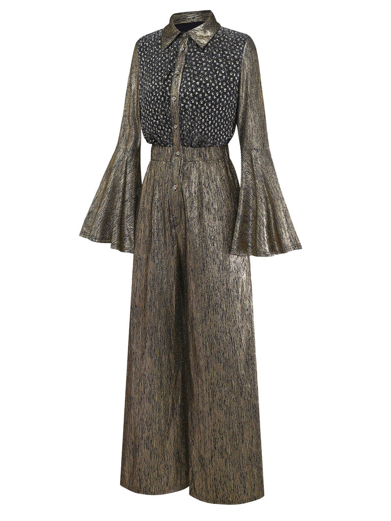 [Prévente] Combinaison col chemise motif petits fleur manches cloche dorée années 80