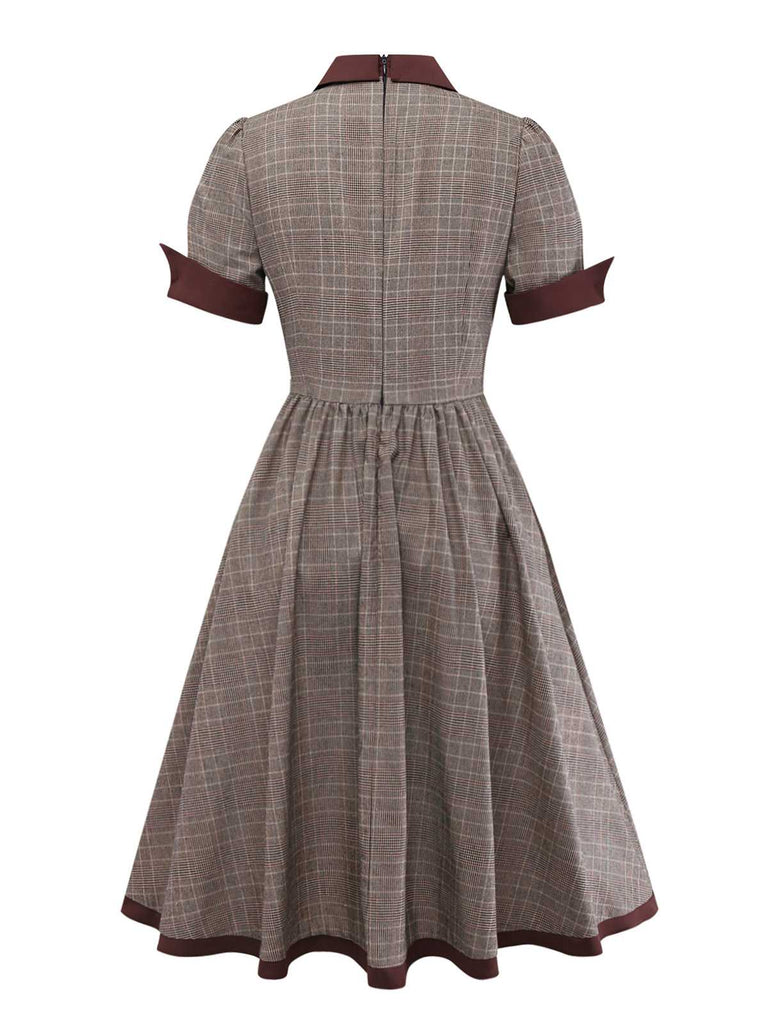 [Prévente] Robe à carreaux marron col revers et nœud papillon années 1950