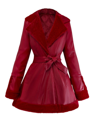 Manteau à capuche et col en fourrure en cuir des années 1950