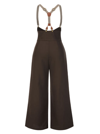 [Grande taille] Pantalon à bretelles marron foncé à bretelles boutonné années 1950