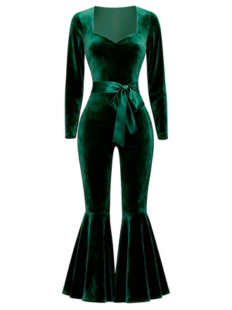 Combinaison évasée en velours col en cœur vert années 1970