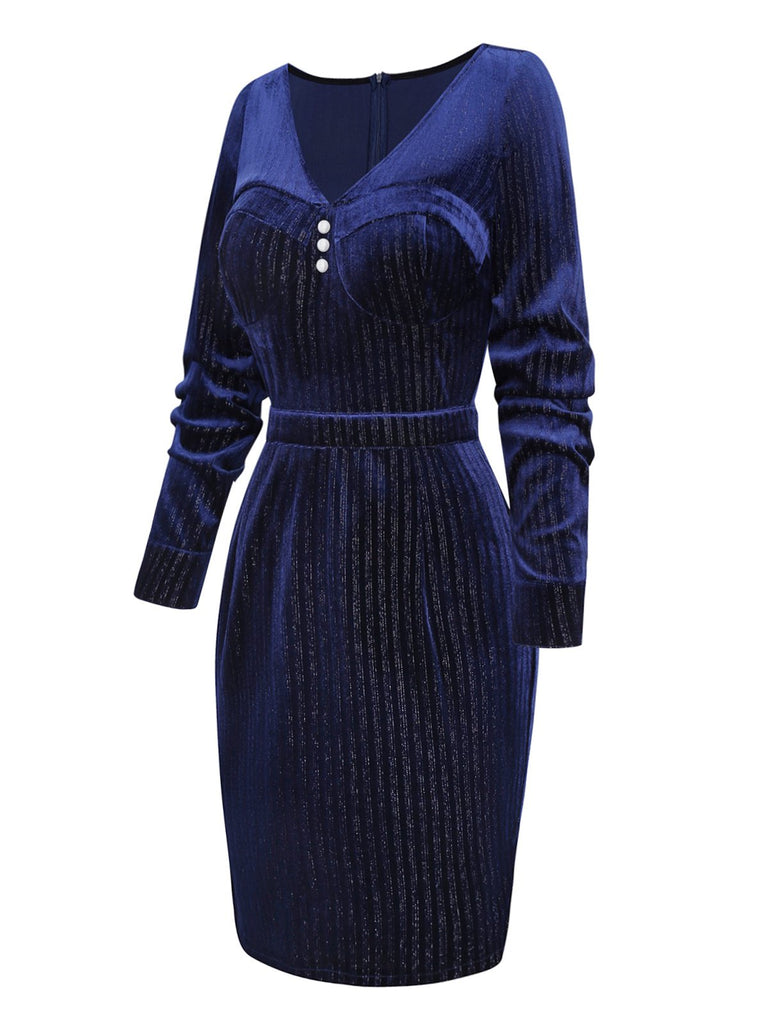 [Prévente] Robe crayon en velours pailleté col V bleu années 60