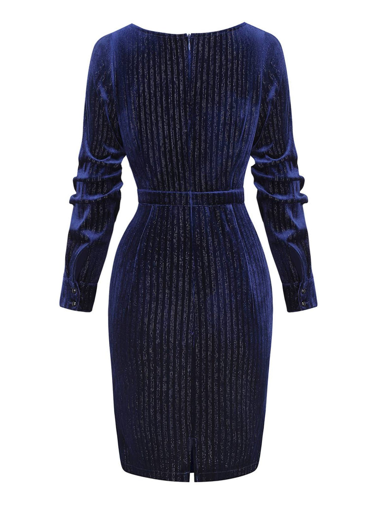 [Prévente] Robe crayon en velours pailleté col V bleu années 60