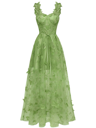 Robe Maxi Verte Bretelles Épaghetti Papillons 3D Maille Années 1930