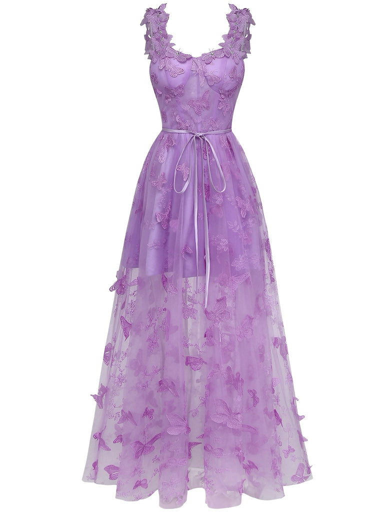 Robe Maxi Bretelles Épaghetti Papillons 3D Maille Années 1930