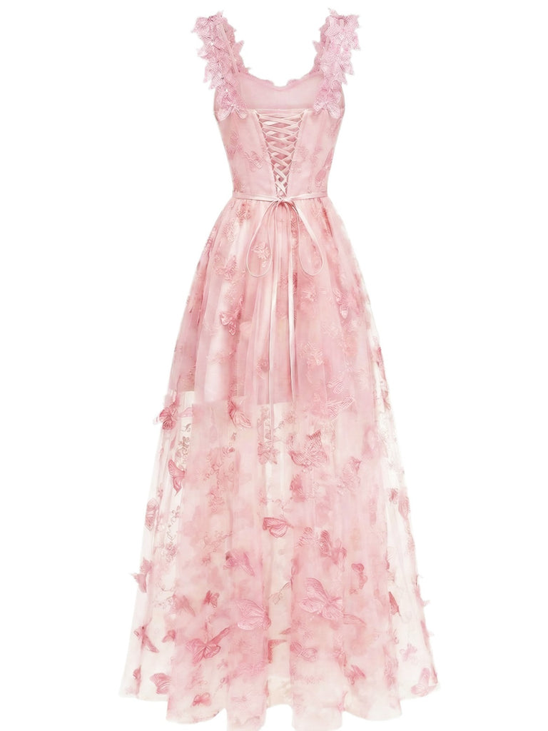 Robe Maxi Bretelles Épaghetti Papillons 3D Maille Années 1930