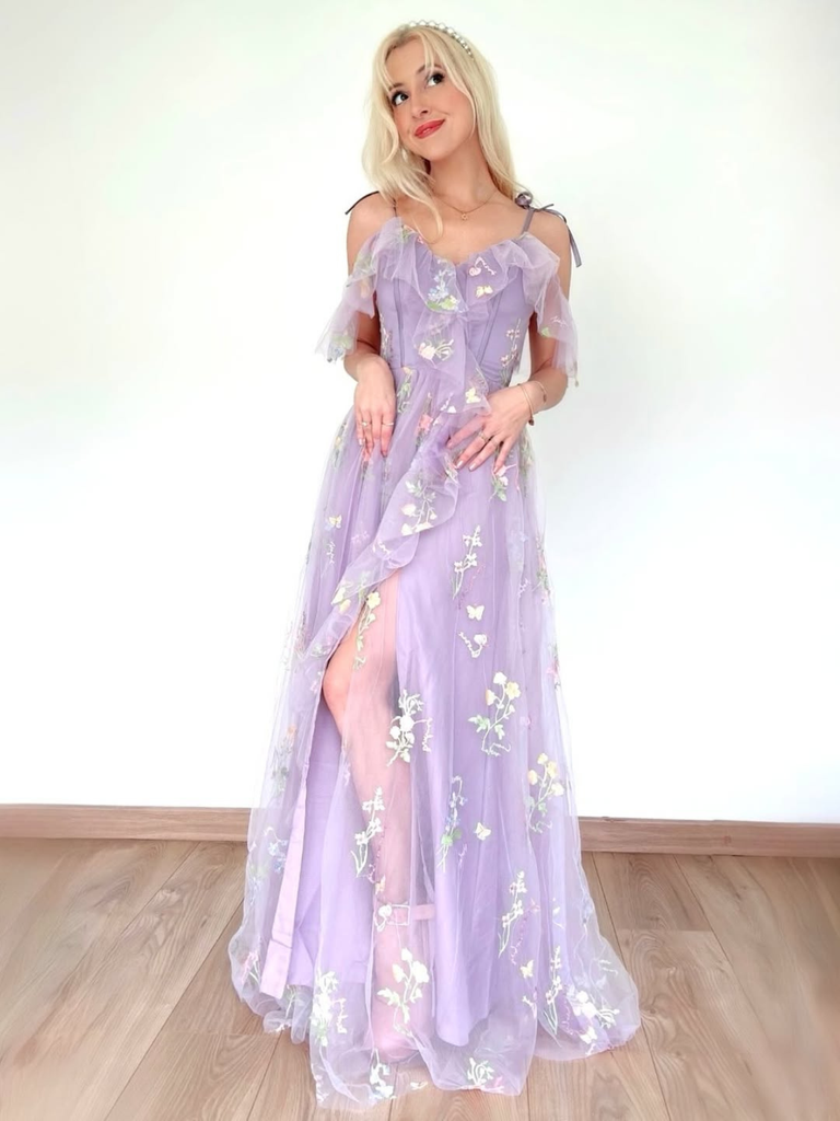 [Prévente] Robe fendue violette tulle fleurs 1970s