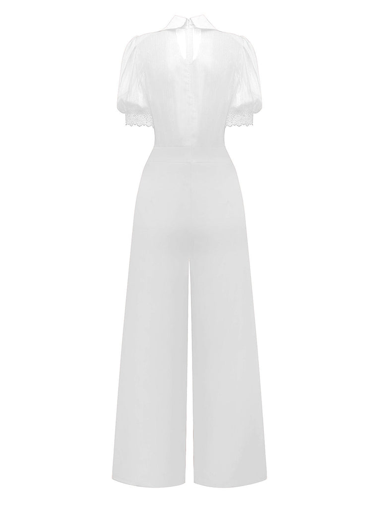 Combinaison à revers uni col en dentelle florale et nœud années 1950